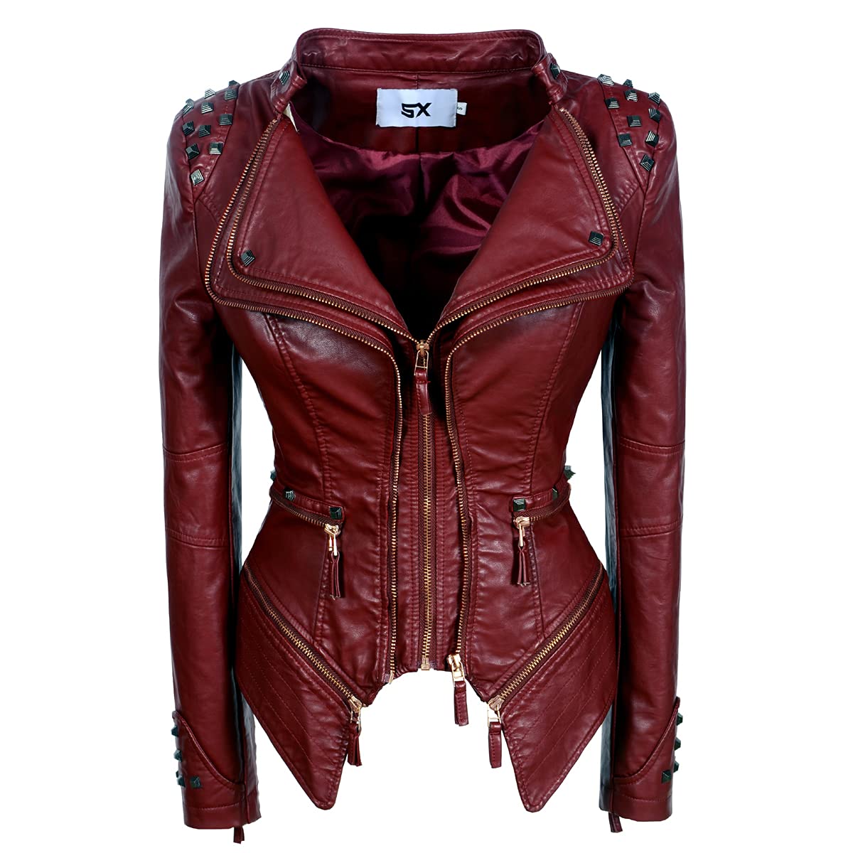 SX Women's Fashion Studded Perfectly Shaping Faux Leather Biker Jacket