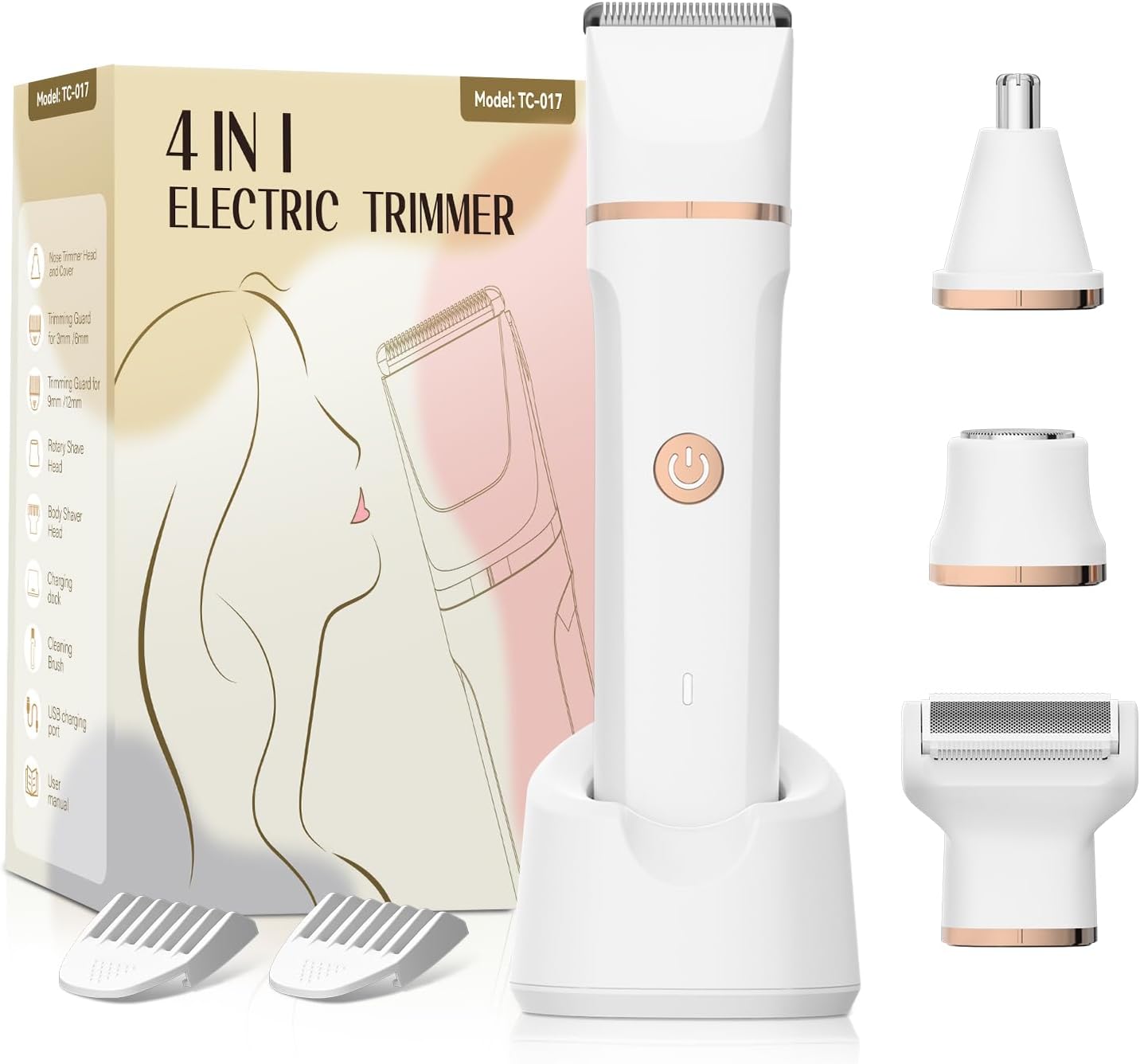 Electric Bikini Trimmer for Women - 4 in 1 Electric Shaver for Women, Waterproof Pubic Hair Trimmer and Facial Hair Remover, Replaceable Razors & Nose Hair Trimmer, Rechargeable Women's Grooming Kit