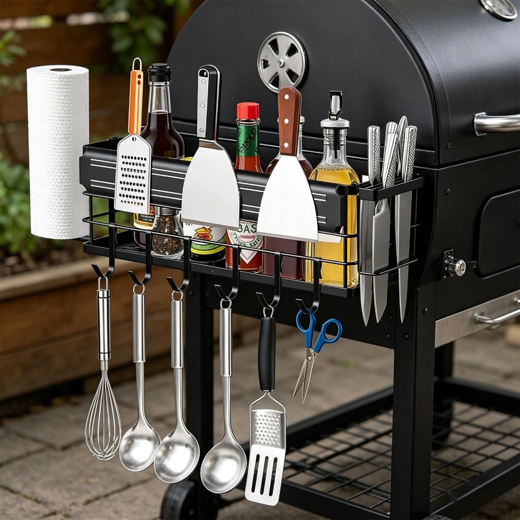 Pratico ripiano laterale per barbecue con 6 cerchi e attraente gruppo per utensili da cucina
