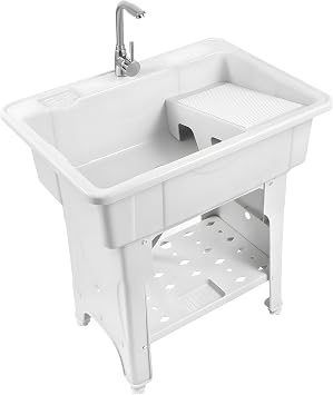 Plastic Utility Sink Laundry Tub Freestanding Utility Tub with Hot&Cold Water Faucet,Hoses&Drain Kit Heavy Duty Compact Utility Sink for Laundry Room, Bathroom, 23.215.231.5