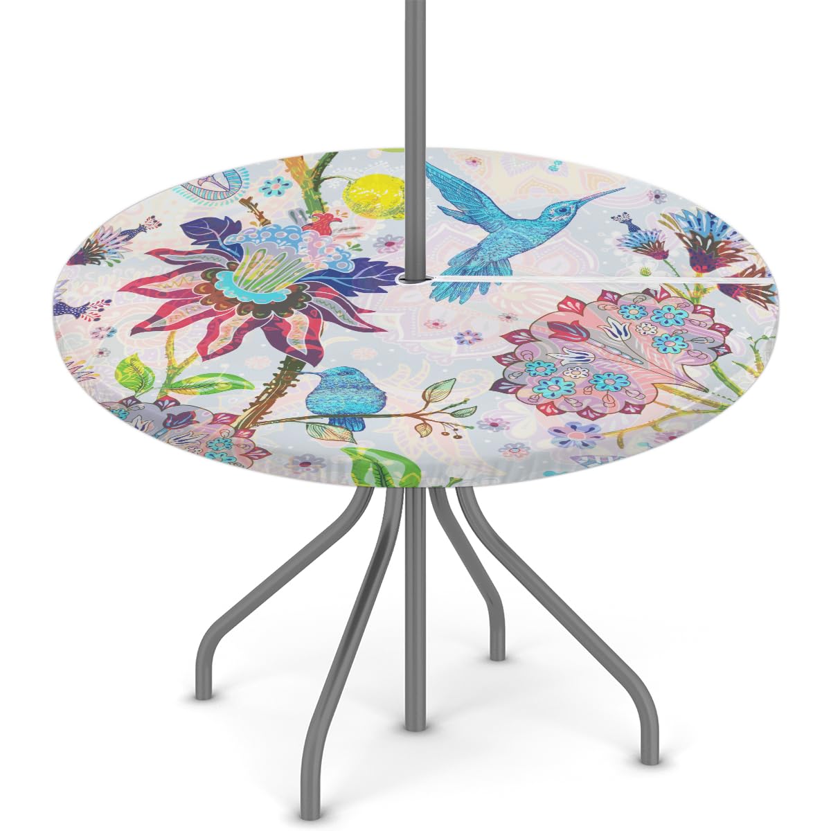 XMNYGJ Abstract Flower Bird Round Tablecloth with Umbrella Hole Outdoor Waterproof Fitted Table Cover Elastic Edge Polyester Fabric Zippered Table Cloth for Patio Picnic 45