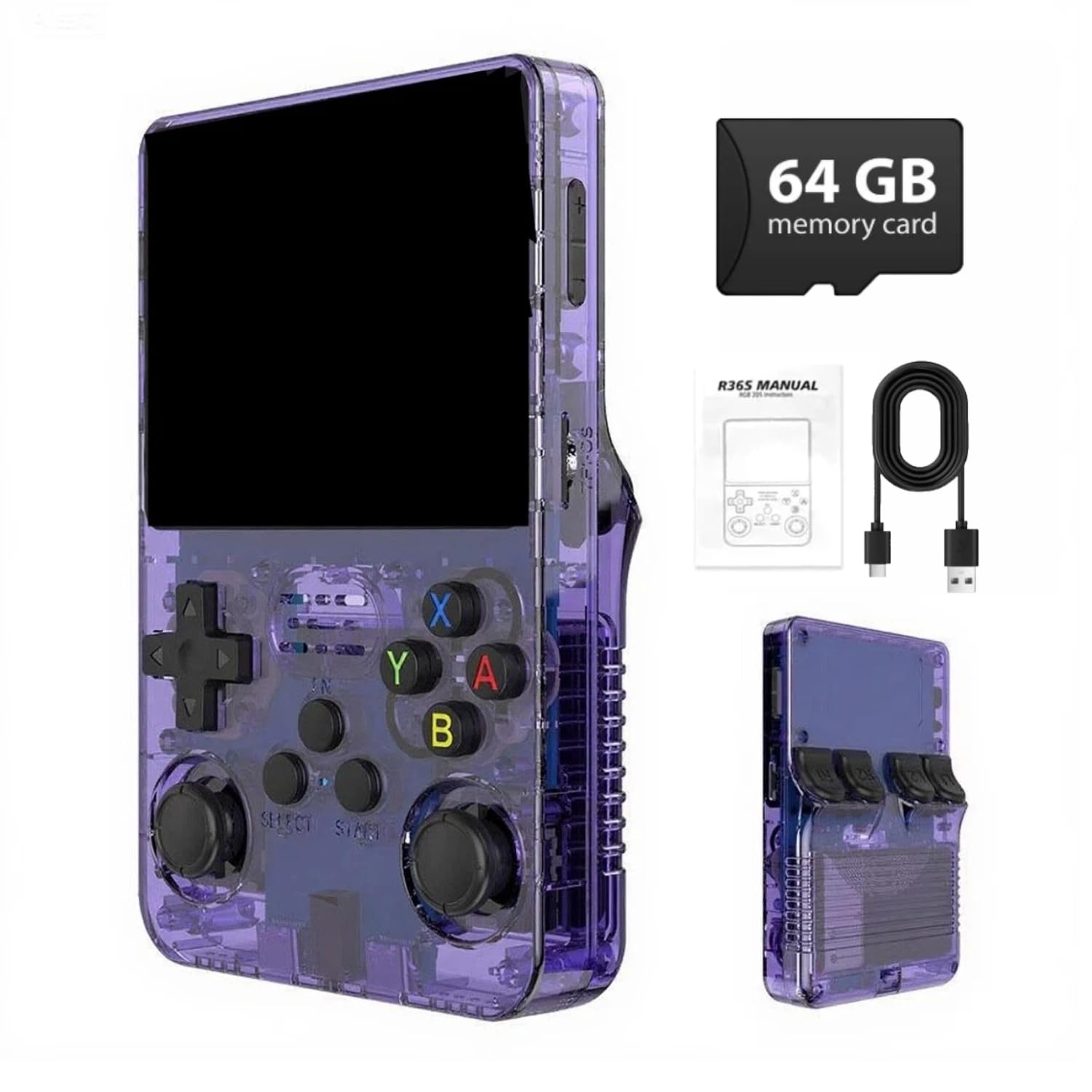 R36S Retro Handheld Game Console,3.5" IPS Screen Retro Gaming Console,Built-in 64G TF Card ,3500mAh Battery,Portable Gaming Player for Life-Transparent Black — view 9