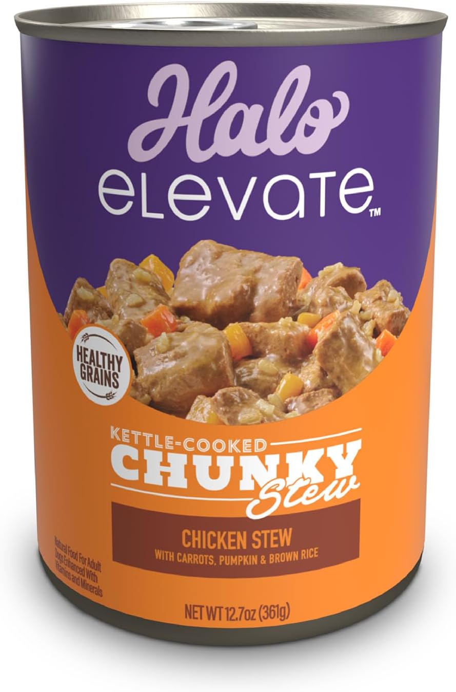 (Best before: 06/Apr/2025) Halo Elevate Wet Dog Food Kettle Cooked Chunky Chicken with Pumpkin Recipe, Healthy Grains Canned Dog Food, 12.7 Oz Can (Pack of 6)