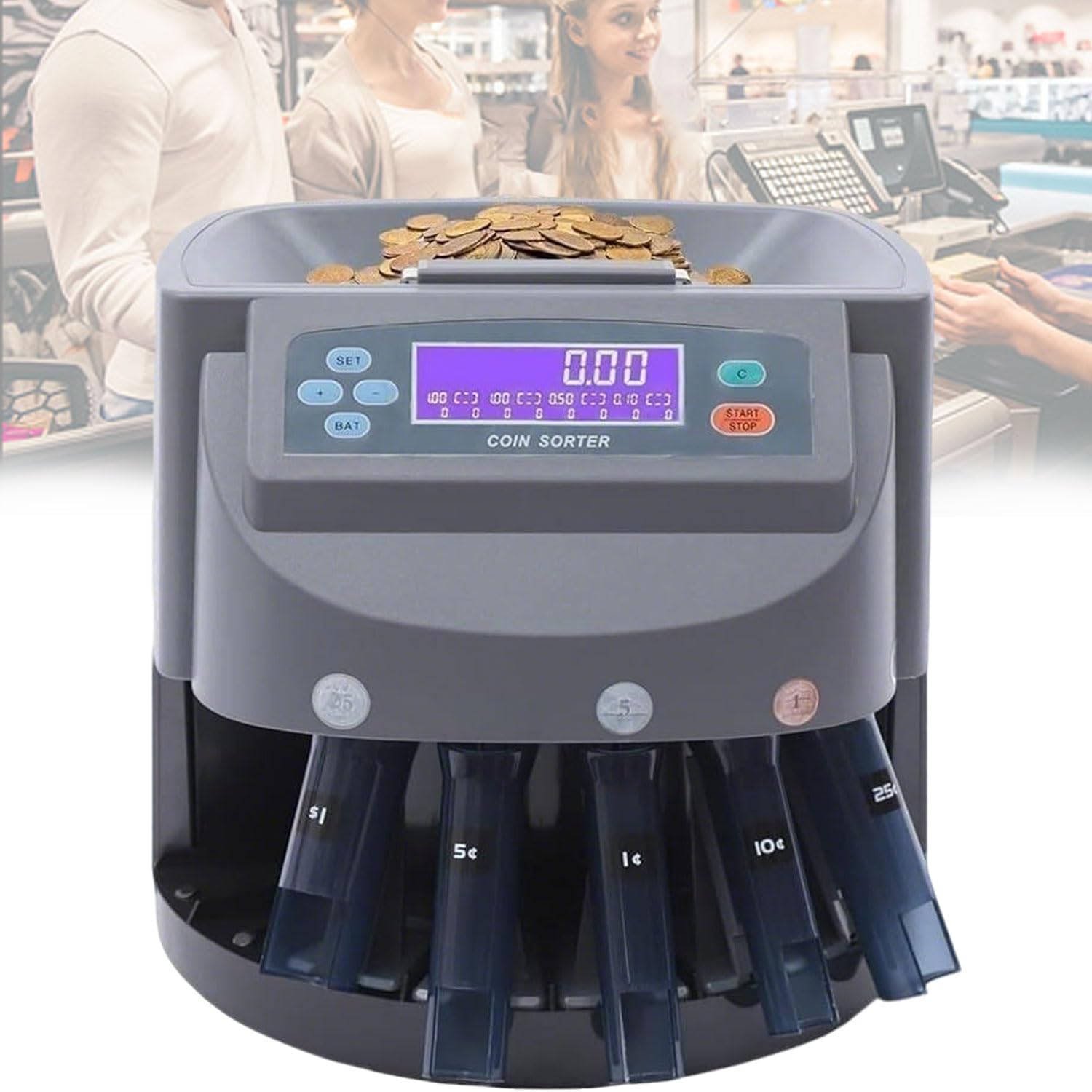 JOSBY Contamonete Elettronico, Selezionatrice di Monete da 230 Monete/Minuto, Macchina Selezionatrice di Denaro Commerciale, Pannello di Controllo Intelligente, capacità di 500 Monete, Conteggio
