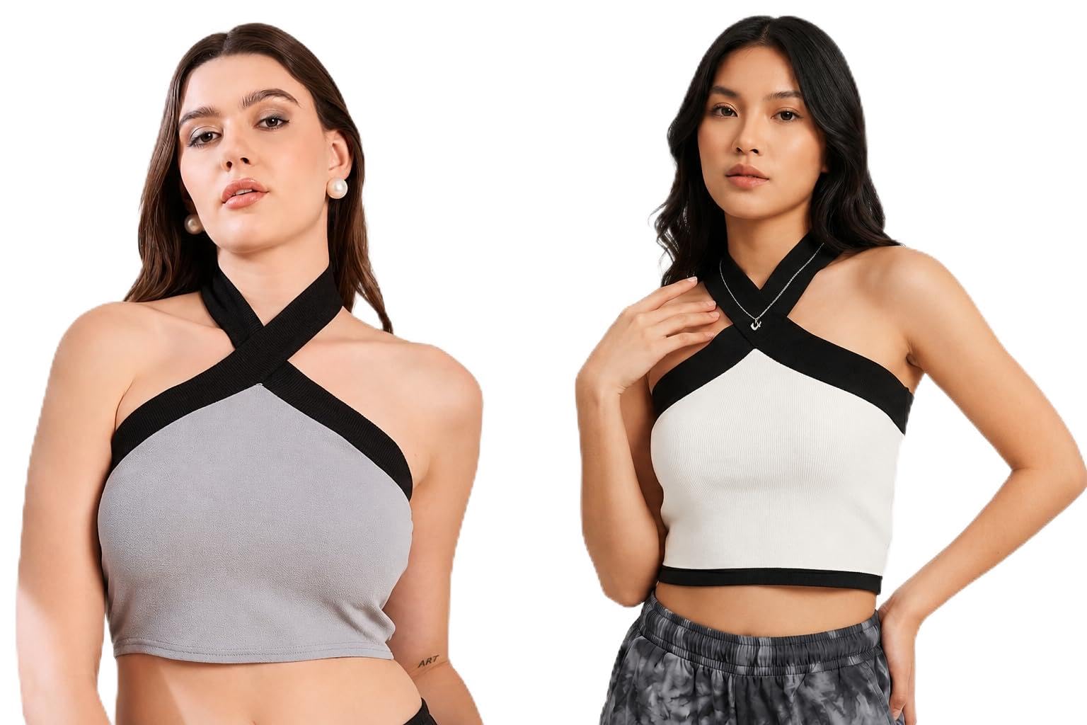 bedazzle Women's Cross Halter Neck Crop Top, Ribbed, Colour Block, Sleeveless, Grey and White-picture-27