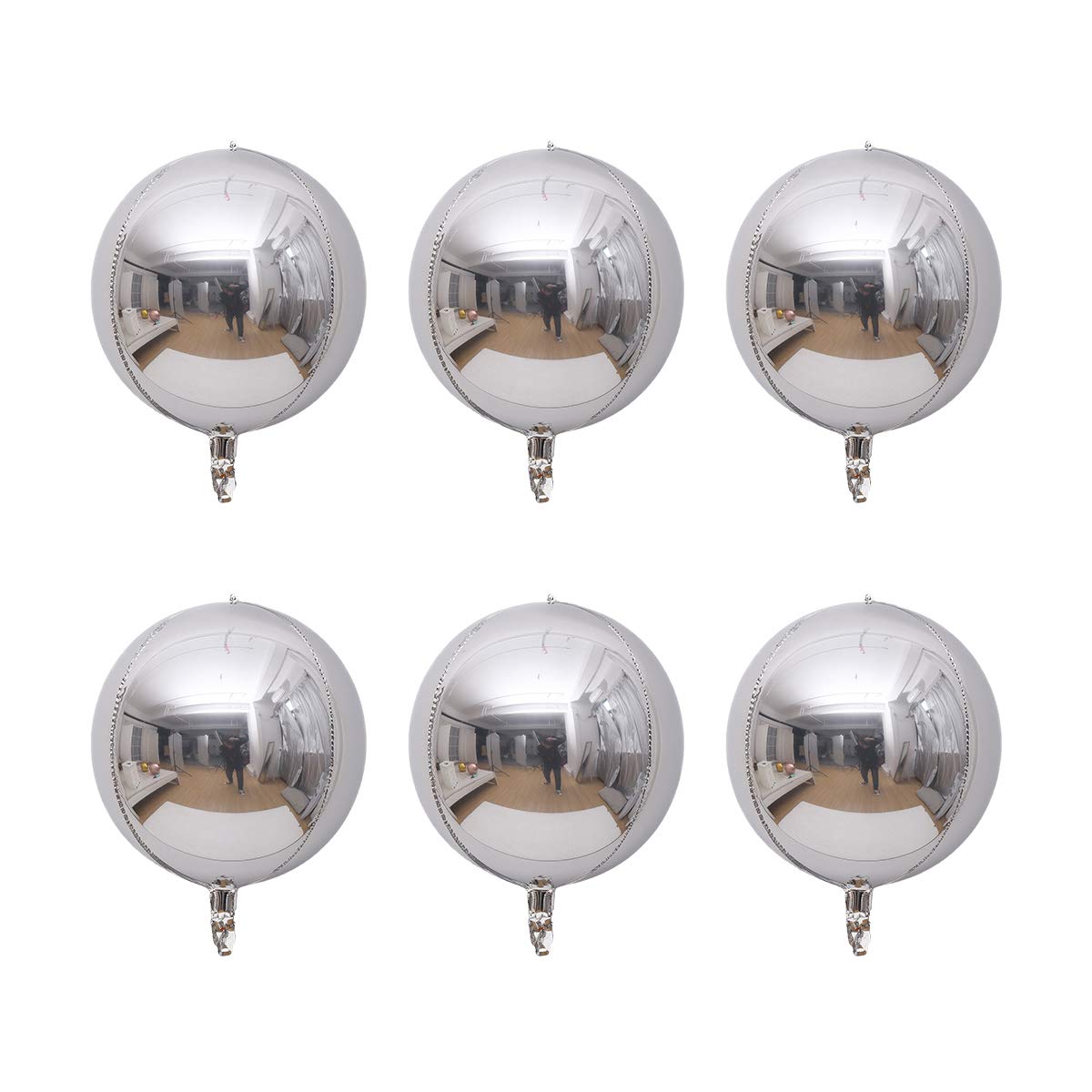 Luvier 6 Count 22inch Silver Round Sphere Shaped Aluminum Foil 4D Balloons Reusable Party Balloons for Wedding Marriage Birthday Baby Shower Decor