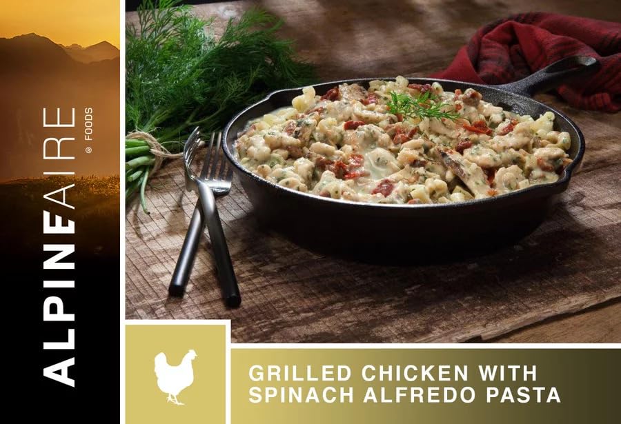 AlpineAire Grilled Chicken with Spinach Alfredo Pasta 6 Oz Freeze-Dried Meal, 680 Calories, 39g Protein, Gluten Free 2 Servings Made in USA Perfect for Camping, Hiking and Emergency Food Pack of 1