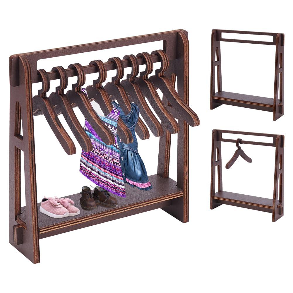 UNICRAFTALE Wood Clothe Rack Dolls Hanger with 10Pcs Clothes Hanger Small Dolls Clothes Racks Coconut Brown Mini Dress Up Storage Doll Garment Rack for Doll Accessories 19x5.2x21cm for Adult
