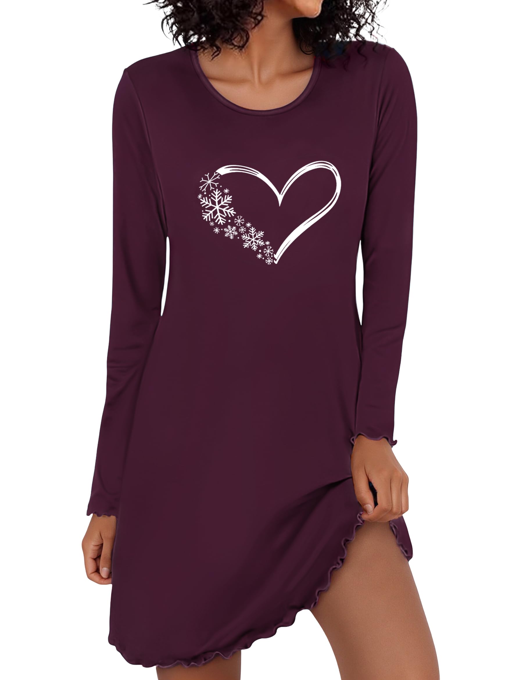 Demegimi Nachthemd Damen Langarm Schlafshirt Baumwolle Kurz Herzen Nachtkleid Winter Nachtwäsche