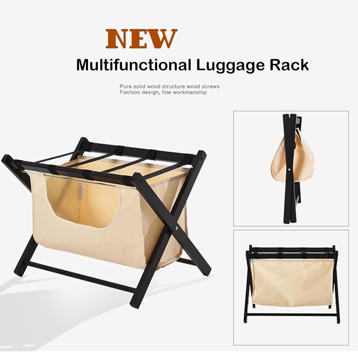 Faltbarer Gepäckständer - Kofferständer aus Holz mit Stofftaschen und Schuhaufbewahrung, Reise-Organizer aus schwarzem Massivholz für Hotelzimmer, 2 Stück, 63 x 45 x 50 cm