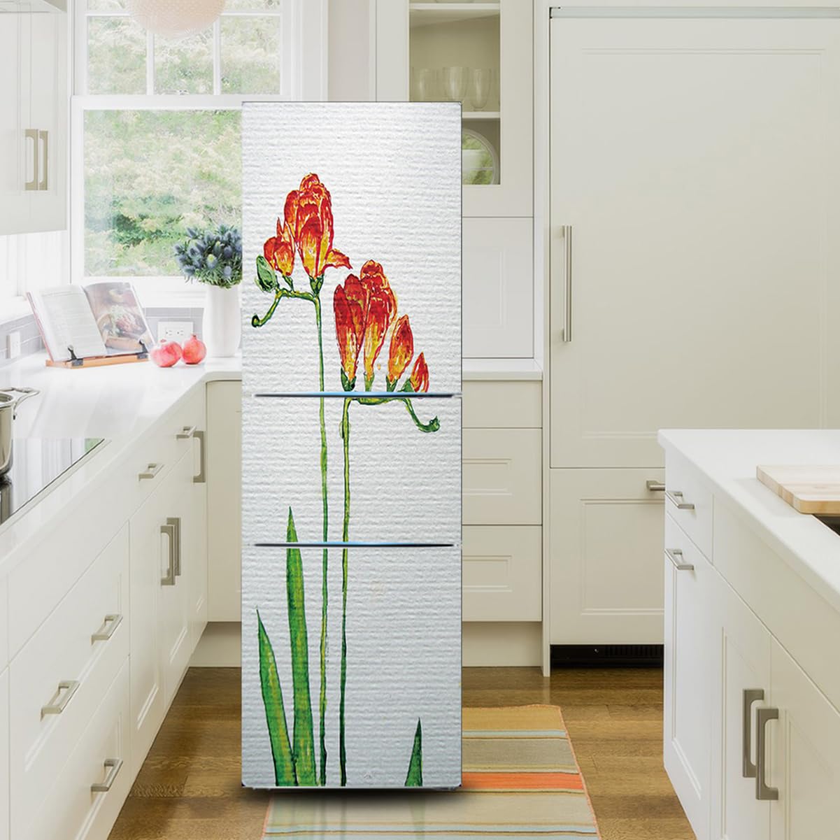 Fridge Sticker, Fridge Sticker Full Covering Door Covers Decor, Freezer Skins Wall Stickers for Kitchen Decal, Nordic Simple Flower(S: 60x150 cm)