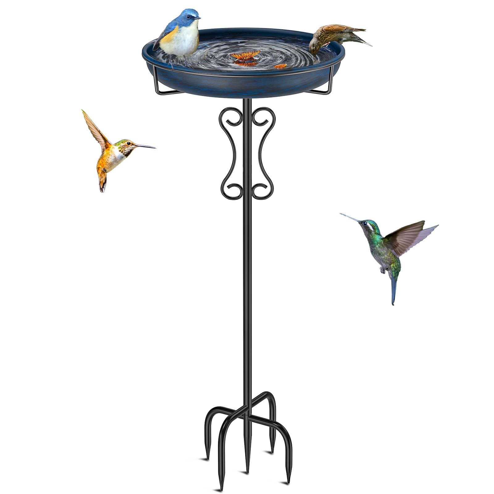 Baño de metal para pájaros para exteriores, base mejorada de 5 puntas y cuenco de comedero, comedero de pájaros independiente vintage para jardín, patio, decoración de césped (azul vintage)