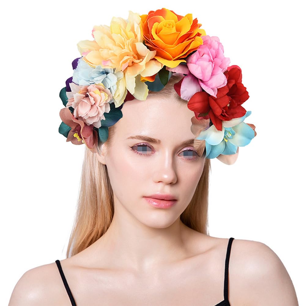 Mexican Rose Flower Crown Headband Halloween Party Costume Headpiece Rose Floral Hairbands Headwear for Halloween(Yellow Orange) - Image 3