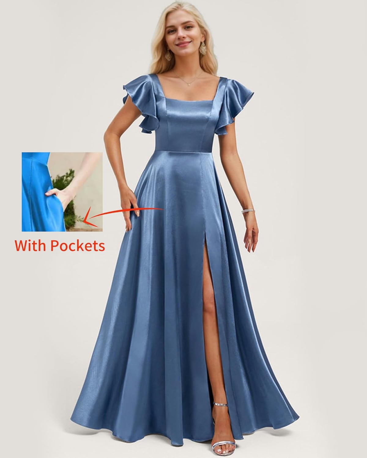 IIF Short Sleeve Bridesmaid Dresses with Pockets Square Neck A-Line Satin Prom Gown Dress for Women with Slit IIF134 - Image 8