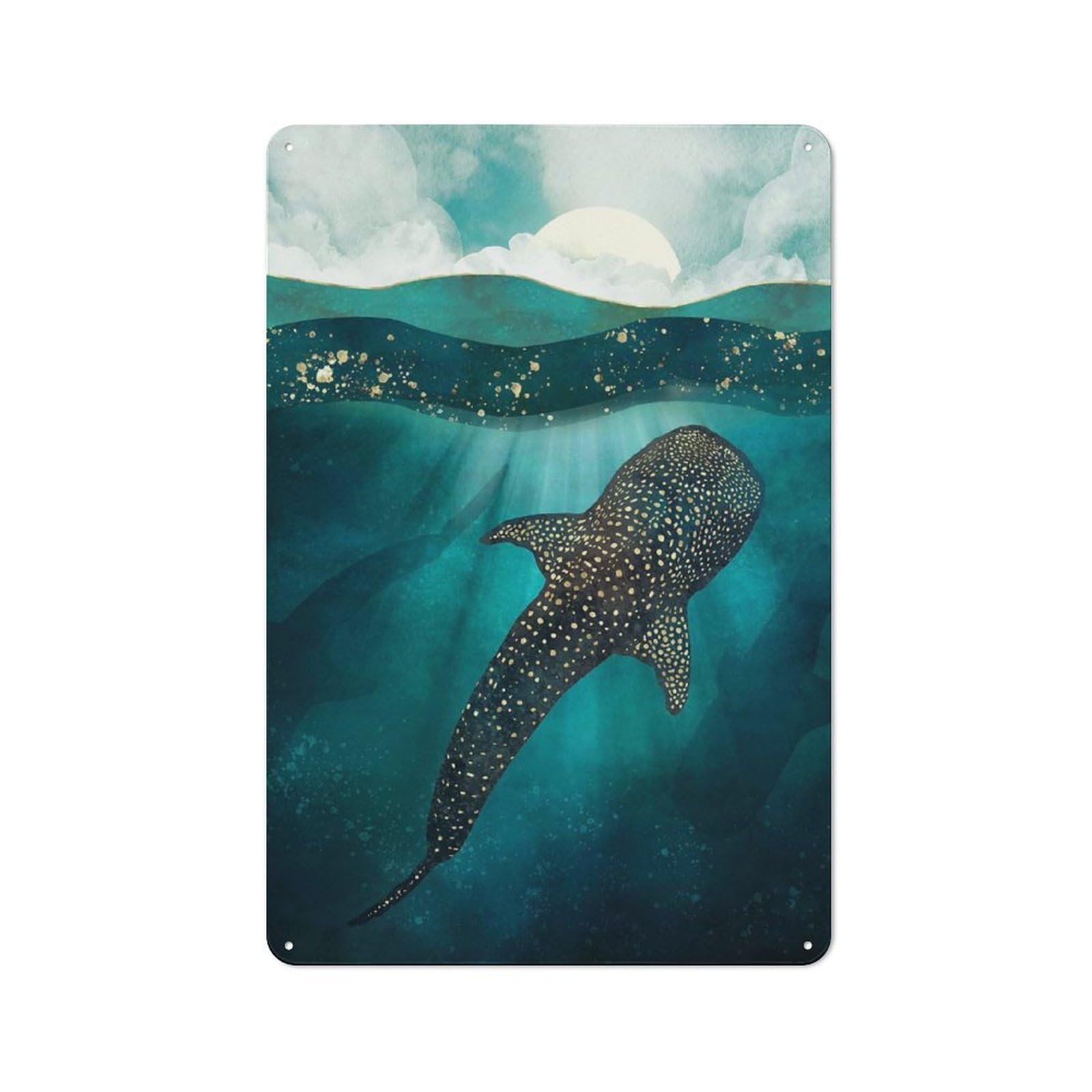 Junmoney Style-11 Tin Wall Plaque 30X20cm With Metallic Whale Shark For Living Room Or Hallway, For Vintage Wall Decor Fans, For Themed Room Decoration