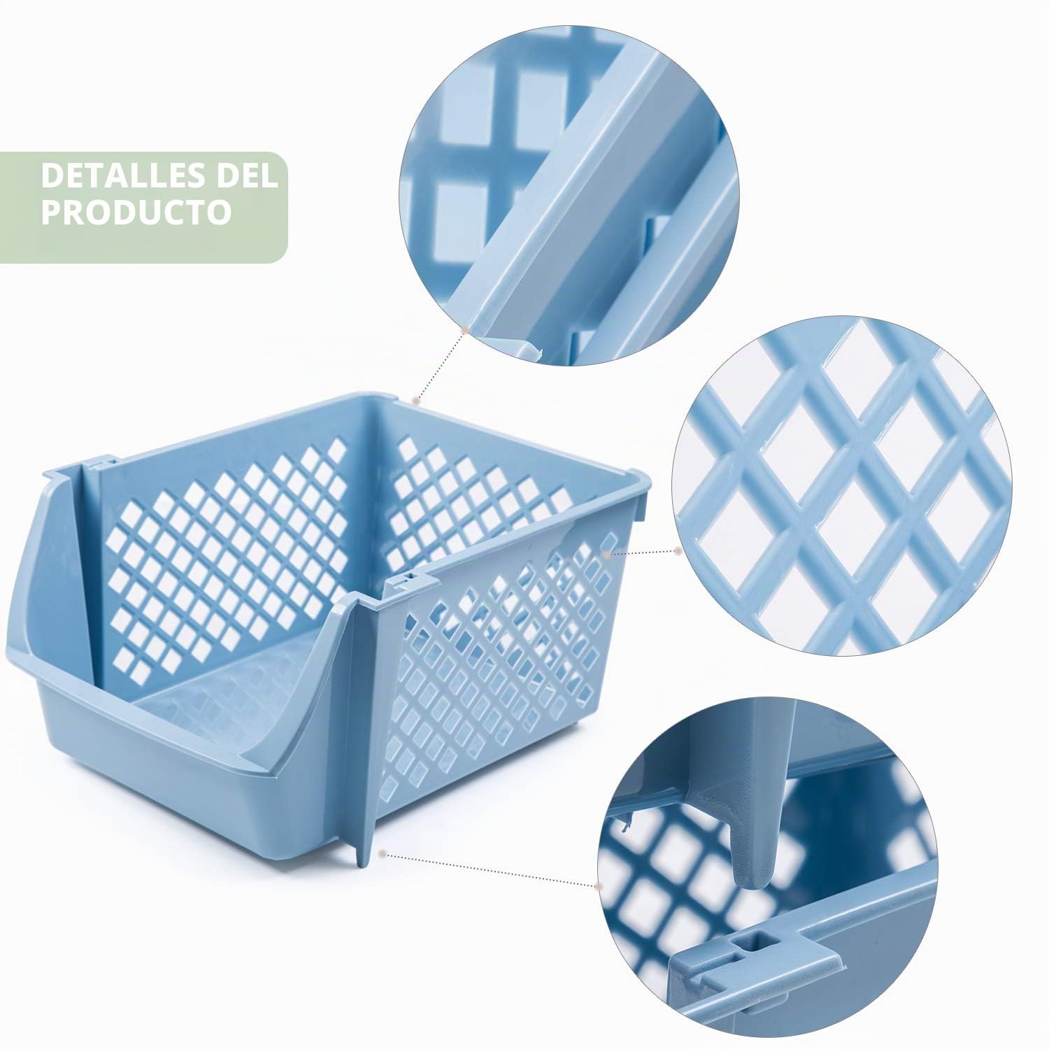 Juego de 4 cestas de almacenamiento apilables para alimentos, aperitivos, juguetes, artículos de tocador, contenedores de almacenamiento de plástico, color azul