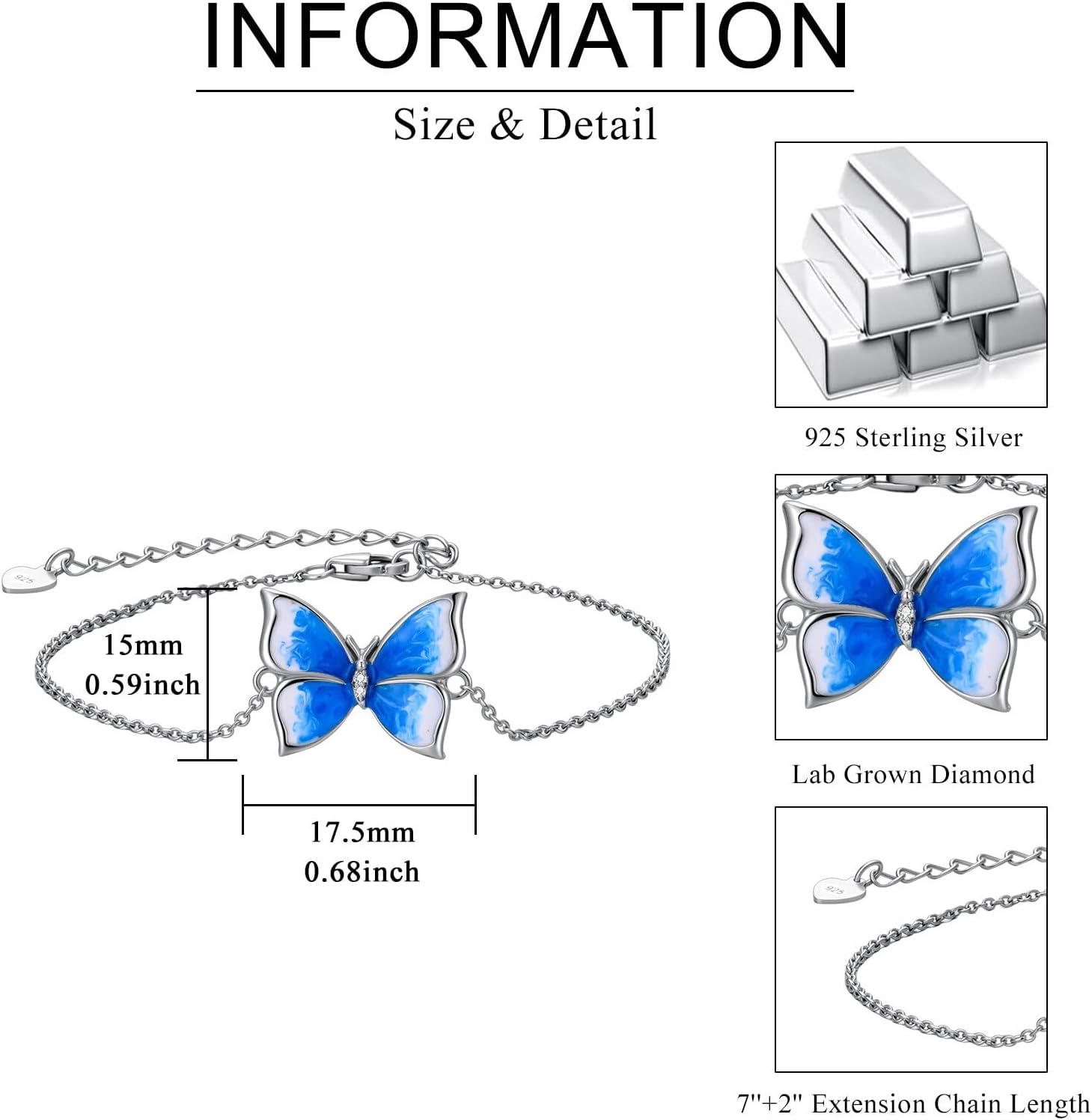 Diamond Butterfly Bracelet for Women 925 Sterling Silver Blue Butterfly Bracelets with Adjustable Dainty Chain Fashion Elegant Jewelry Gifts for Wife Girlfriend Her - Image 6