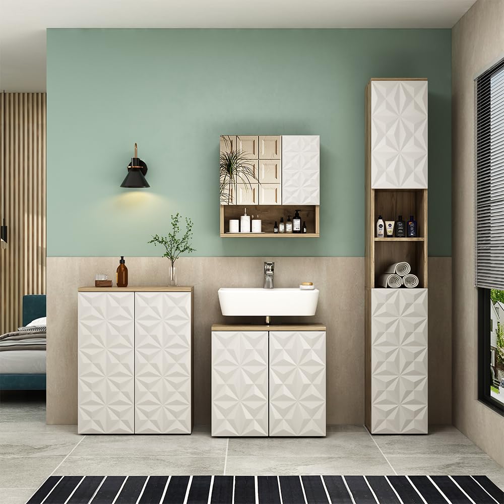 Vicco Armario con Espejo para baño Edge, Blanco, 54 x 55 cm con Puerta y Compartimentos Abiertos, para Almacenamiento en baño con Mecanismo Push-to-Open