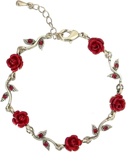 Pulseras de rosas para mujer, pulseras de flores delicadas para mujer, pulseras rojas, joyería vintage para mujer