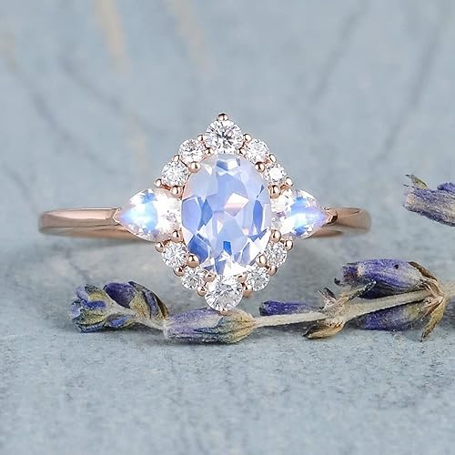 Miniatura 2 de Anillo de compromiso chapado en oro rosa de 18 quilates con piedra lunar y arcoíris, para mujer, anillo de compromiso con diamantes de imitación de