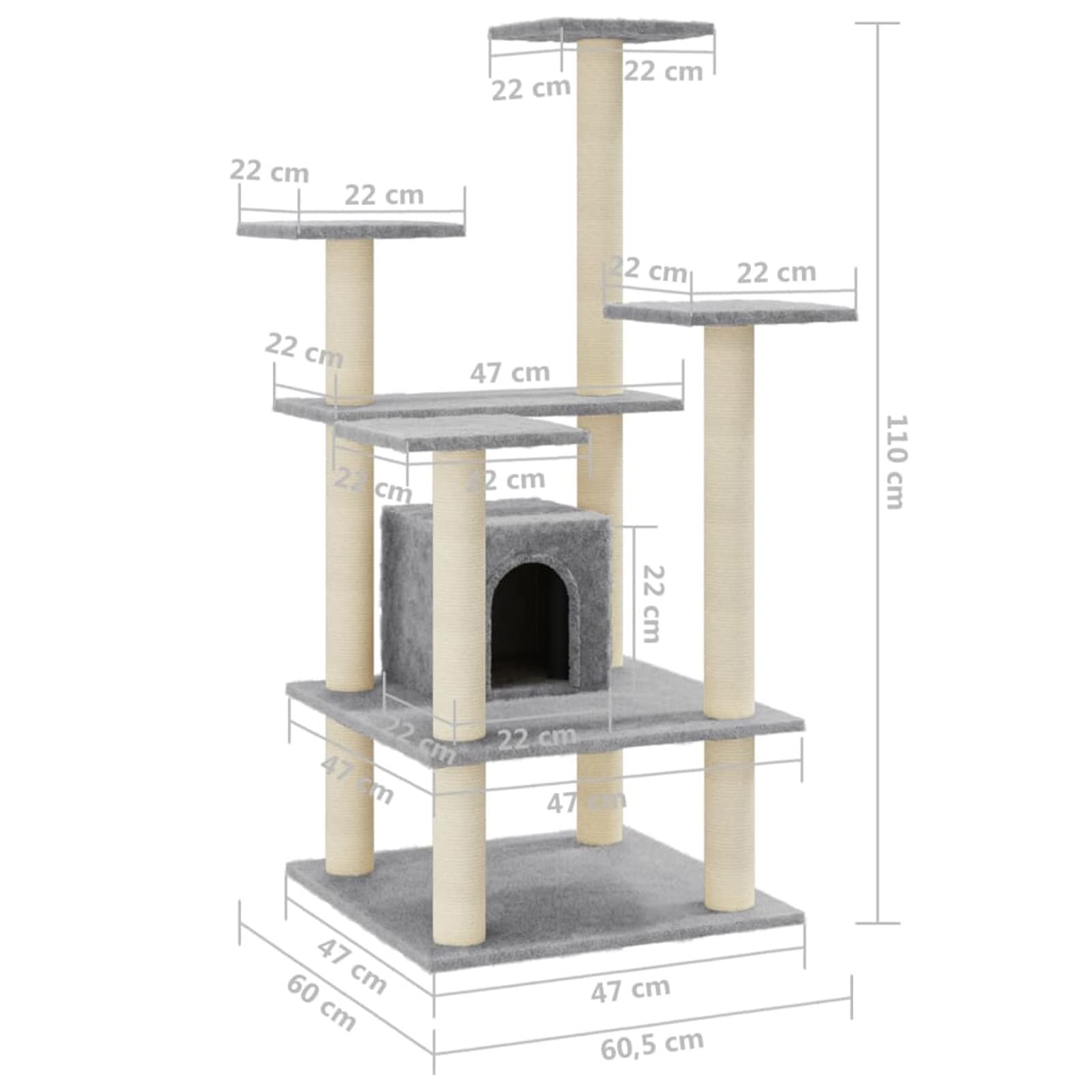 Homgoday Albero tiragraffi in sisal, grigio chiaro, 110 cm, tiragraffi a torre per gatti multilivello, centro attività per gatti da interni