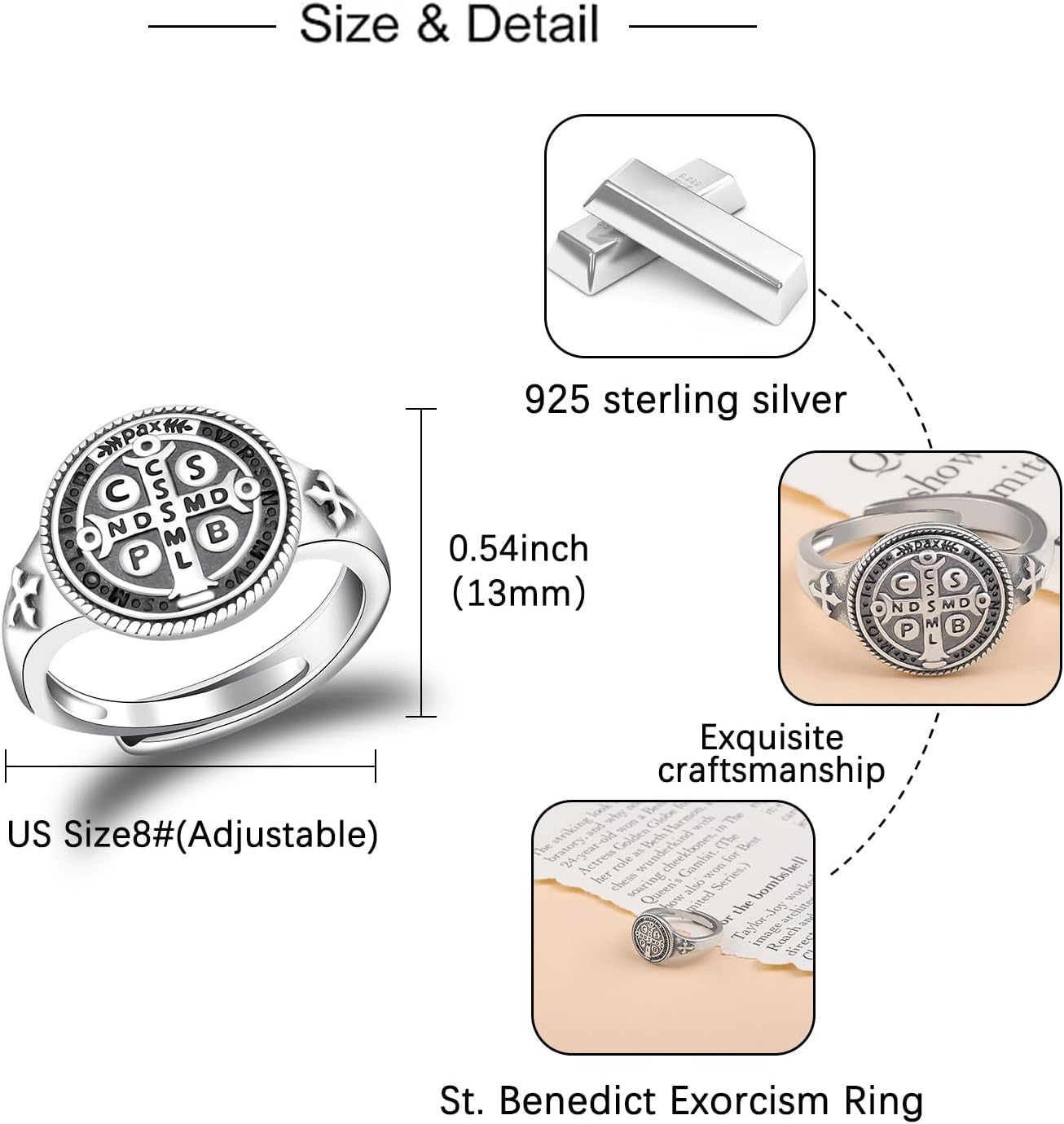 St. Benedict Rings for Women Men - 925 Sterling Silver Exorcism Saint Benedict Ring Medal De San Benito Anillo Catholic Christian Cross Protection Jewelry Gifts - Image 6