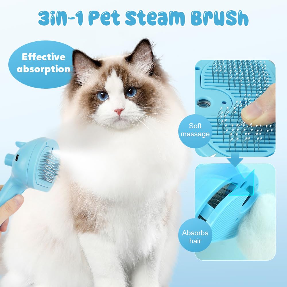 3 in 1 Cat Steam Brush Pet Spray Hair Removal Comb, 2025 New Upgrade Pet Steam Groomer Brush, Steam Dog Brush for Shedding Pets Grooming Comb for Massaging and Cleaning (White)