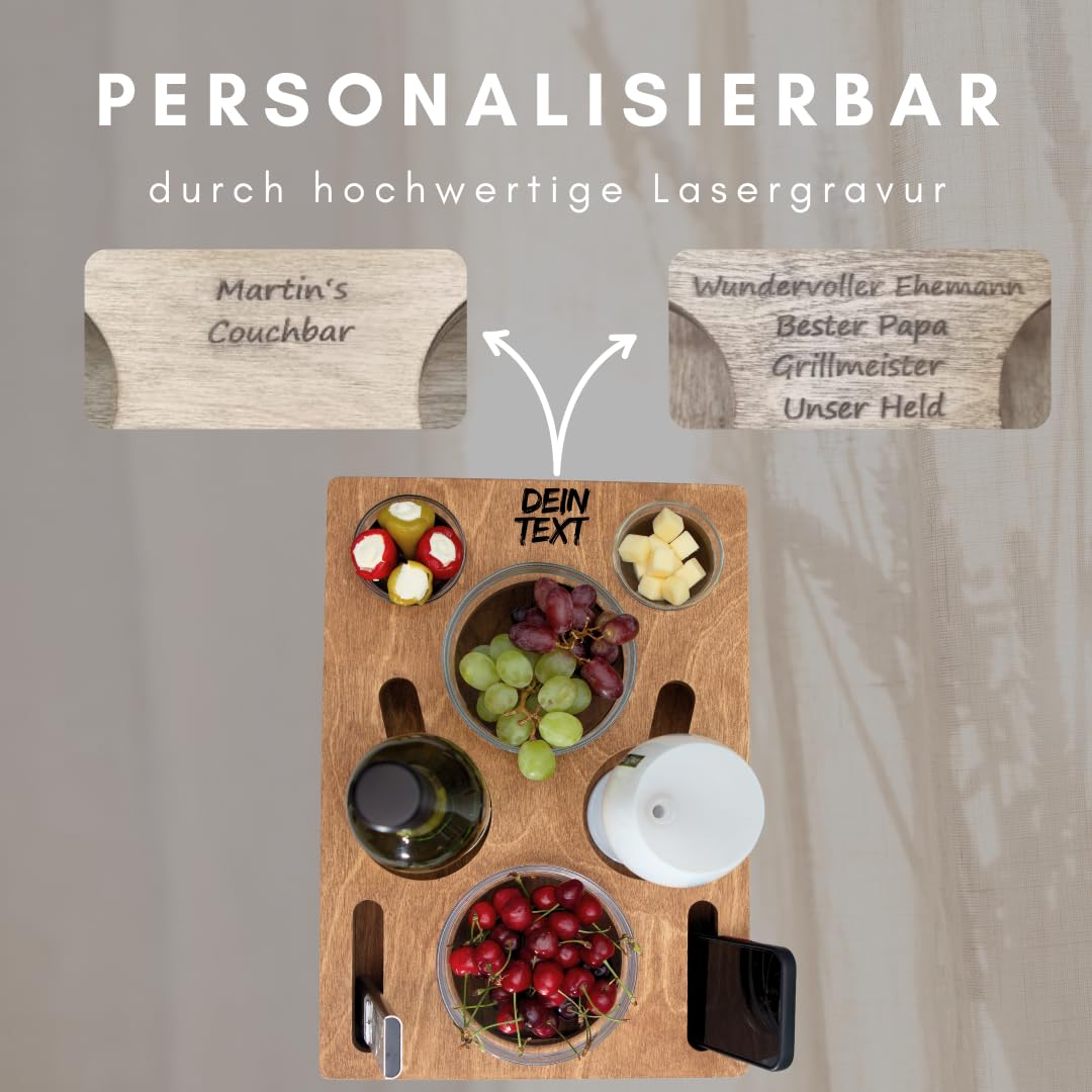 ALL IN ONE Couchbox mit 4 Glasschalen | Couchbar Snackbox personalisiert | Snackbar für die Couch | Couch Tablett mit Getränkehalter | Sofabar | Couch Butler für Kaffeetassen und Weingläser