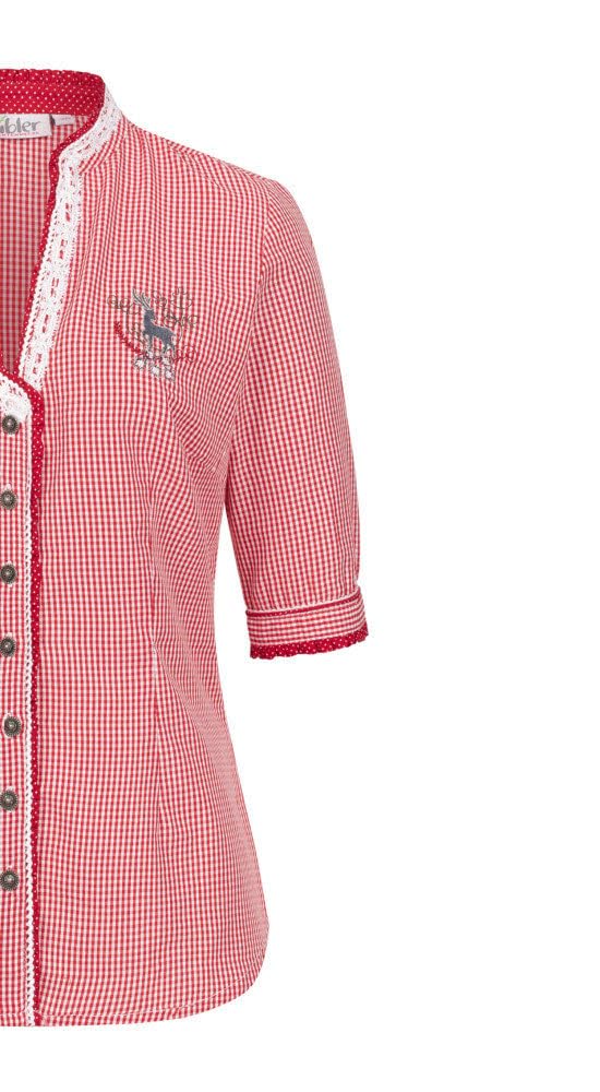 Nübler Trachtenbluse Damen - Kurzarm, V-Ausschnitt, klassischer Trachtenlook - Moderne bayrische Tracht, Sandy in Rot