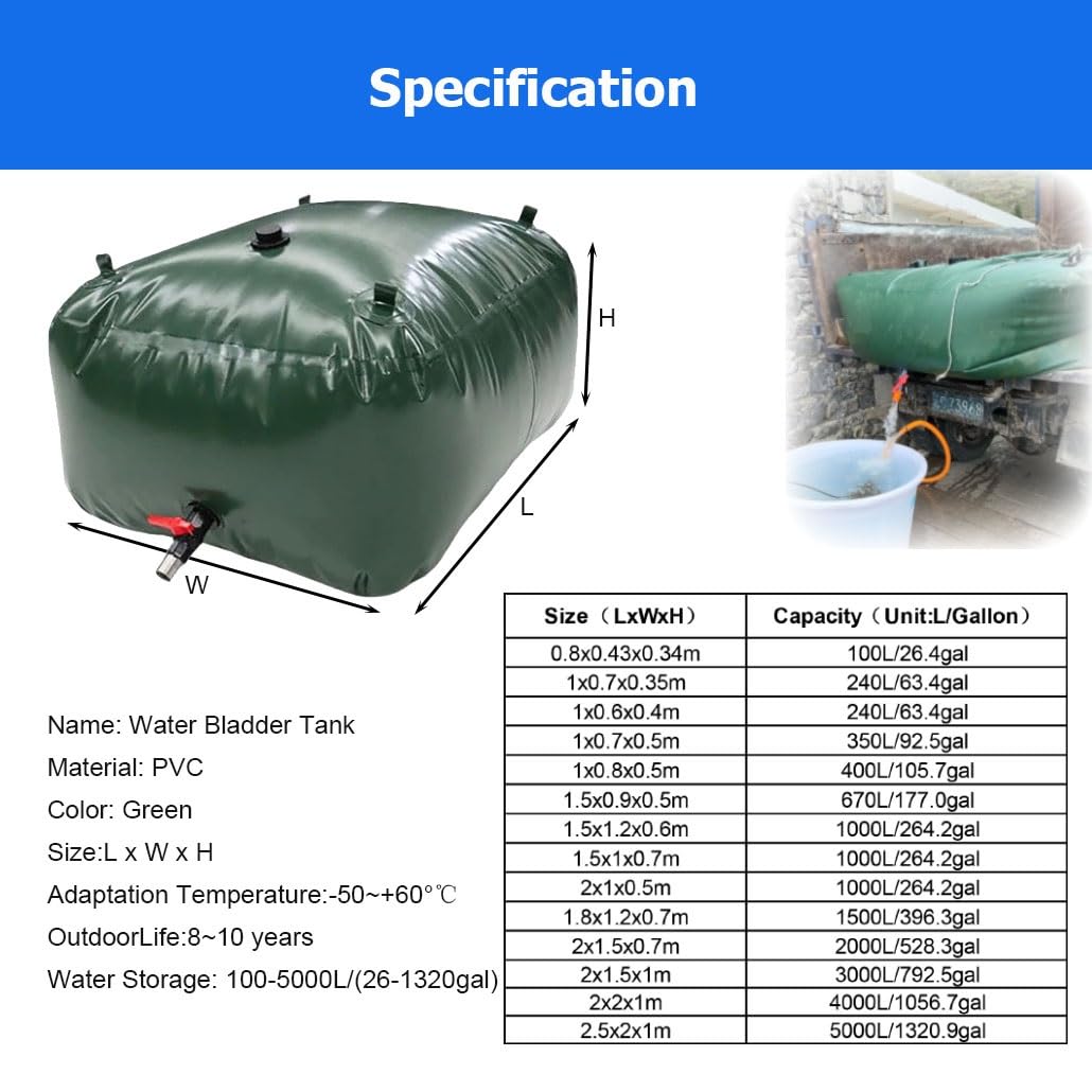 Contenedores de Almacenamiento de Agua Tipo Bolsa con válvula, Tanque de Agua portátil Plegable de Gran Capacidad, Bolsa de Agua Blanda, para Camping y caravanas, Resistente a la s