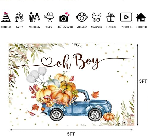 Miniatura 6 de Lofaris Telón de fondo de 5 x 3 pies con texto en inglés "Oh Baby A Sweet Little Pumpkin is On The Way" para baby shower, niños, niños, camión azul,