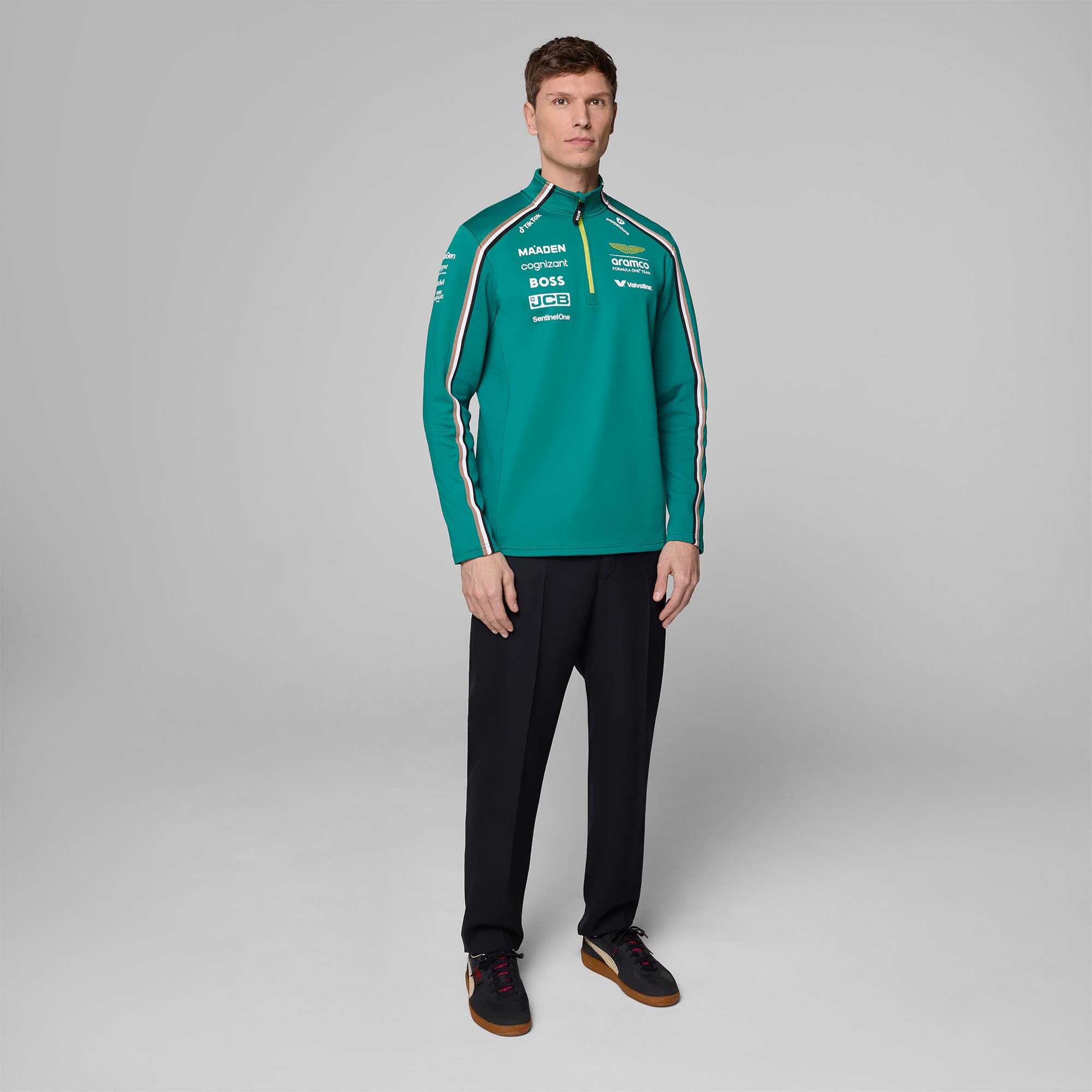 Aston Martin F1 2025 Sudadera 1/4 Zip para Hombre | Logotipos de los socios del equipo de la Scuderia Ferrari de 2025, Detalle de rayas del equipo en el cuerpo