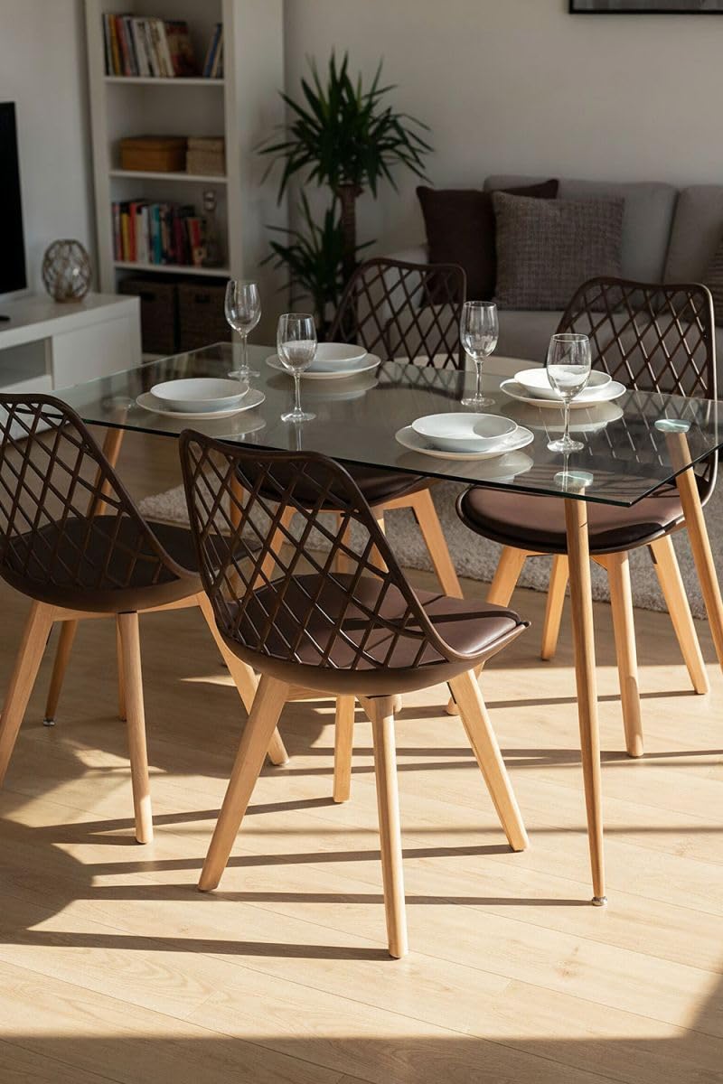 Regalos Miguel - Set di 4 sedie Mima Marroni, per sala da pranzo e cucina, stile nordico, struttura in polipropilene, seduta imbottita in similpelle e gambe in legno di faggio