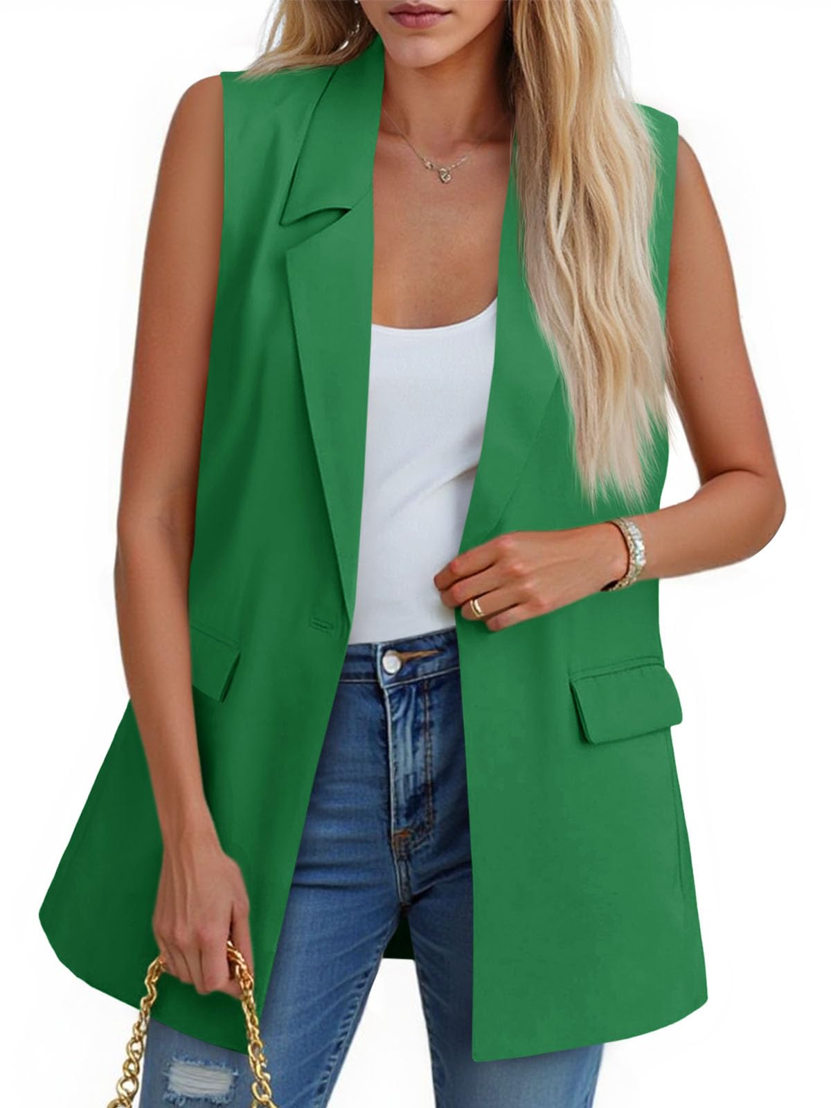 Cicy Bell Womens Sleeveless Blazer Vest Casual Open Front Single Button Summer Jacket with Pockets