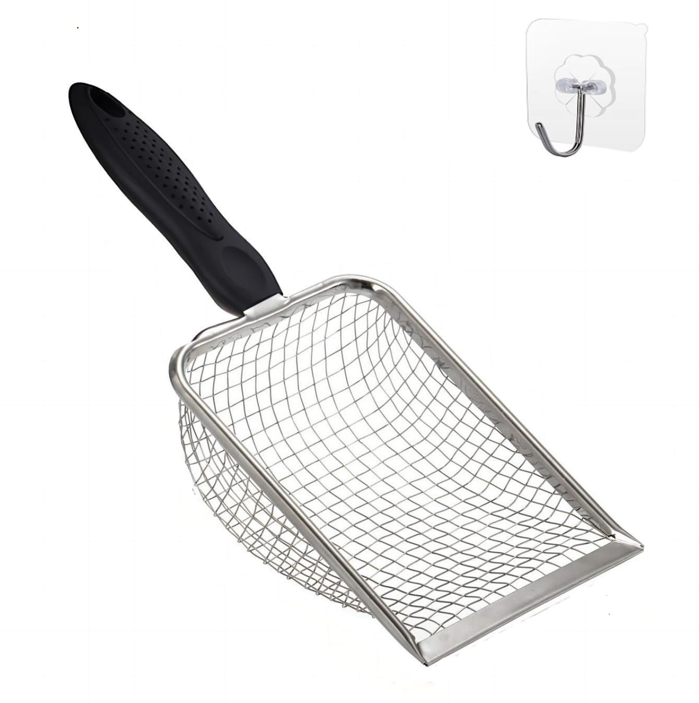 Cat Litter Scooper with Holder,Sturdy Litter Cleaner Corner Shovel,Stainless Steel Mesh Litter Scoop,Easy to Clean,Non-Slip Handle,Suitable for All cat Litter