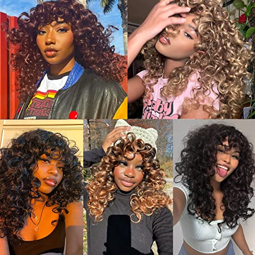 Annivia Curly Wig With Bangs For Black Women Ombre Brown Kinky Long Curly Wig Synthetic Hair Daily Use Cosplay 17 Inch thumb #4