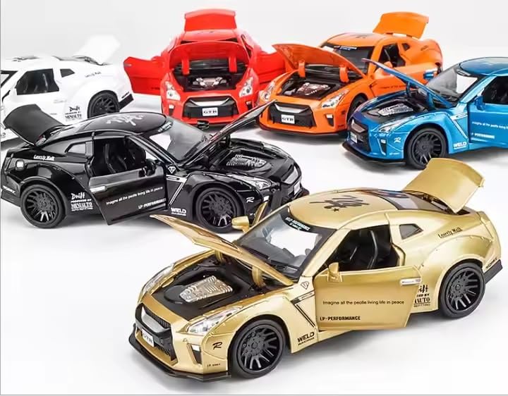 Image of 1:32 Scale New Nissan GTR R34 Toy Car | Metal Pullback Diecast Car for Kids with Openable Doors, Sound, Light Effects, Black