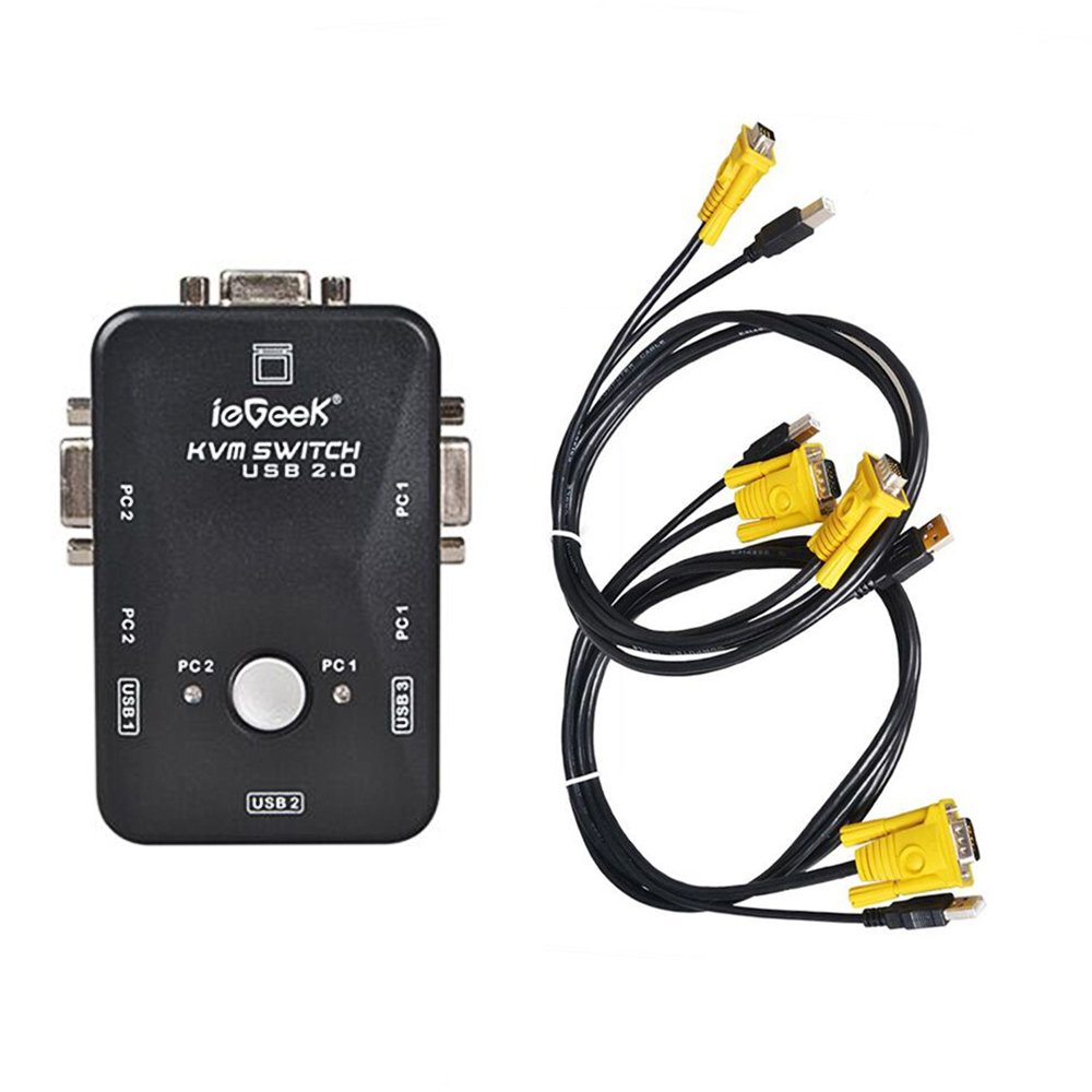 ieGeek KVM Switch Box 2 Port PC Monitor Switches Box + 2 x USB VGA Cables for Computer/Keyboard/Mouse Monitor, Plug and Play
