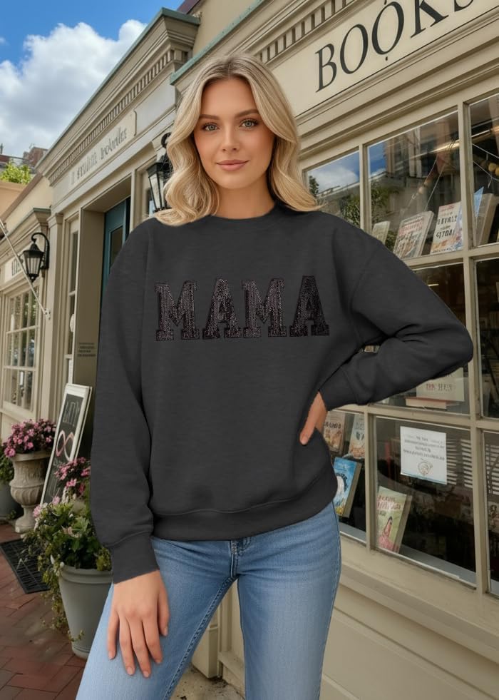 Mama Sweatshirt Mom Sequin Letter Print Long Sleeve Shirts Mother's Day Autumn Casual Pullover Tops - Image 4