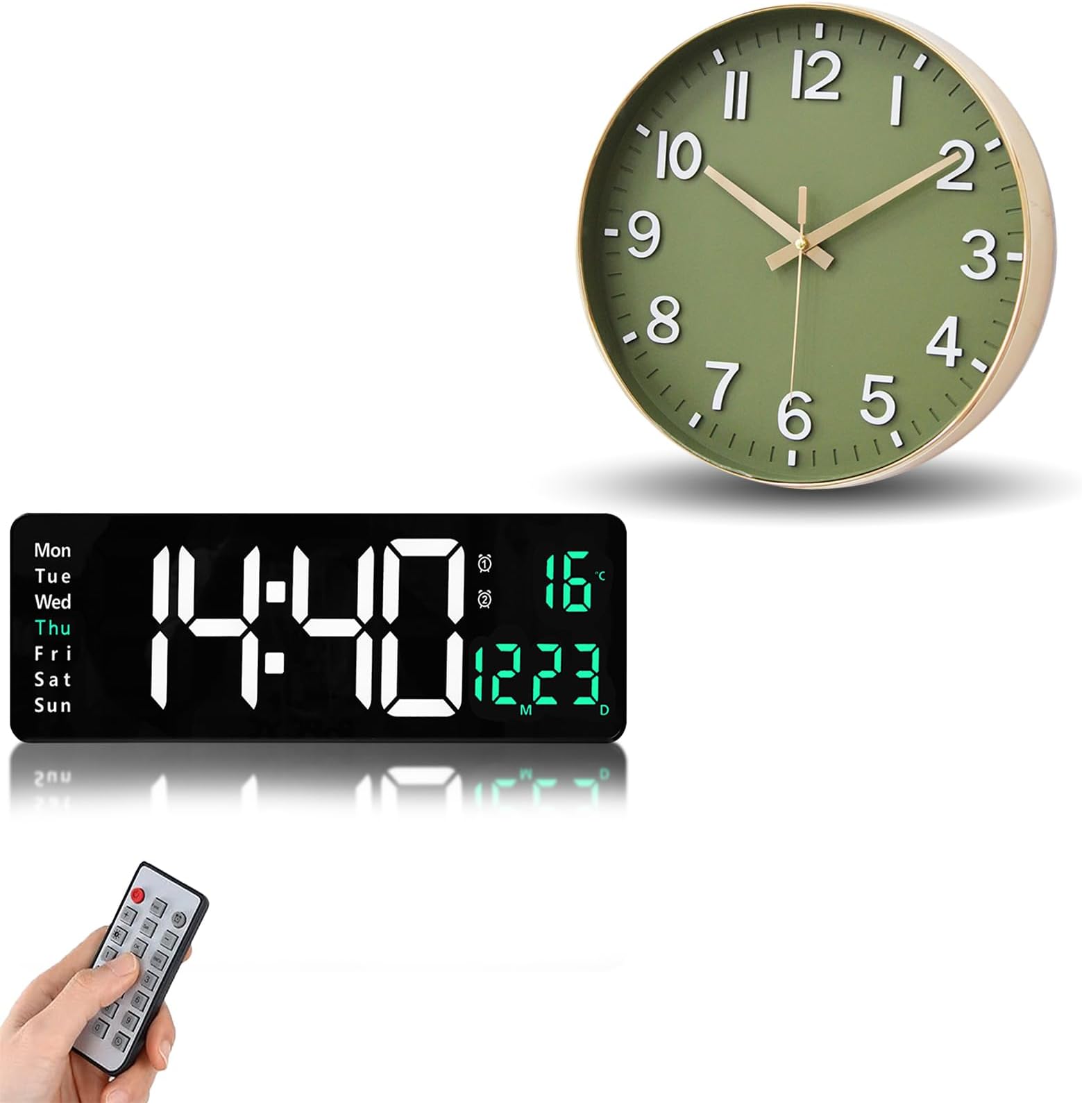 HZDHCLHDigital Desk Clock + Green Wall Clock, Silent No Ticking Clock for Living Room Bedroom Office Decor