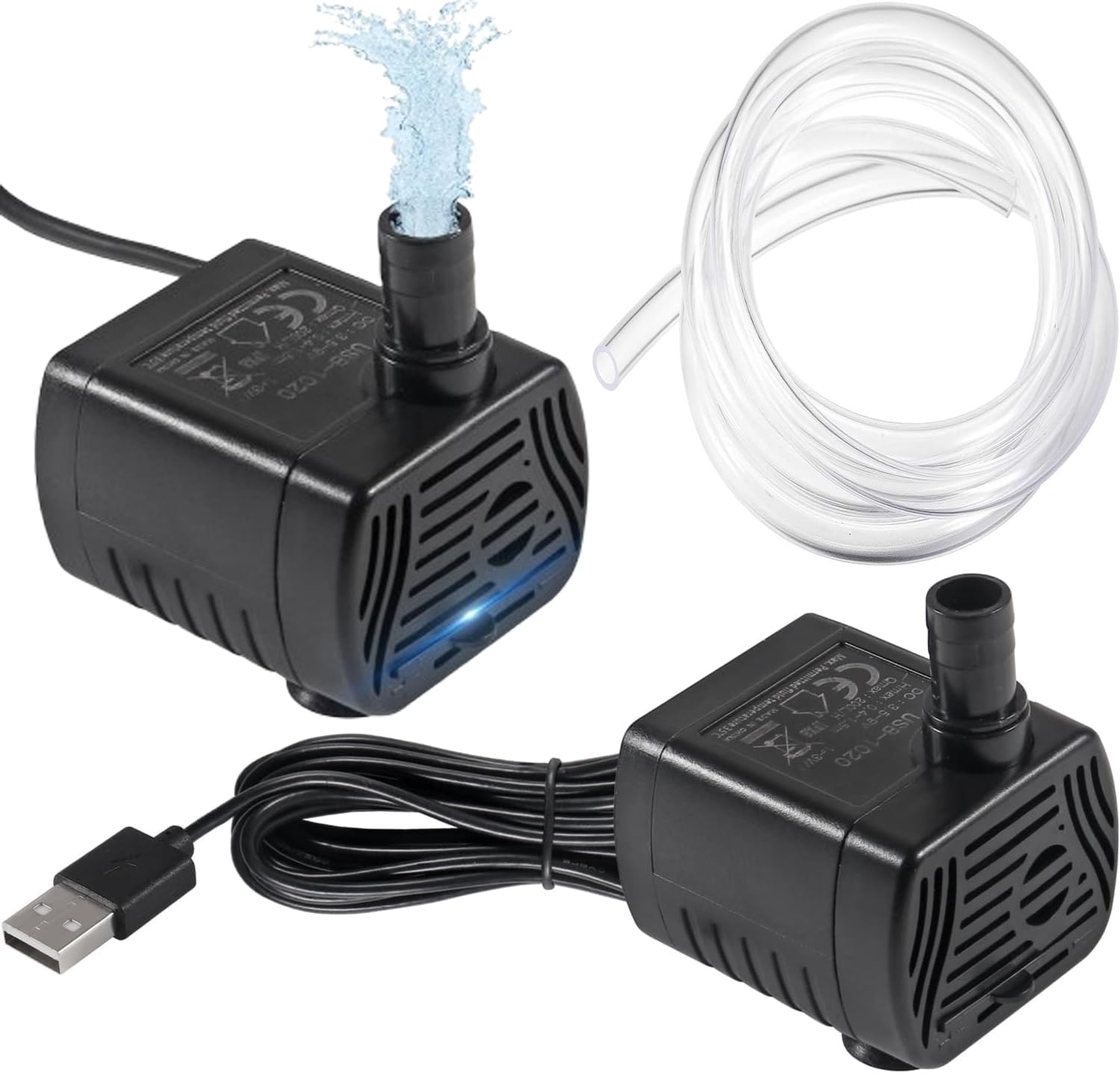 2 Pack USB Mini Submersible Water Pump, Aquarium Water, Small Fountain Pump for Aquarium, Pond, Fish Tank, Hydroponics, Indoor Fountains Systems, Include 2 meters Silicone Tubing Hose