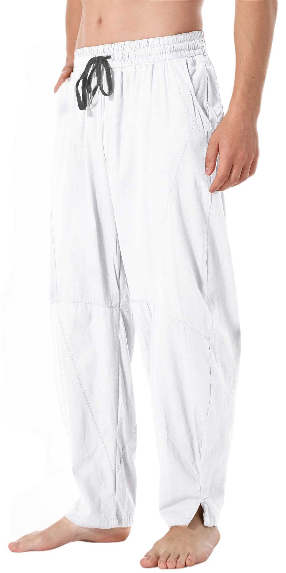 CLANMILUMS Mens Casual Cotton Linen Pants Loose Elastic Waist Summer Beach Trousers
