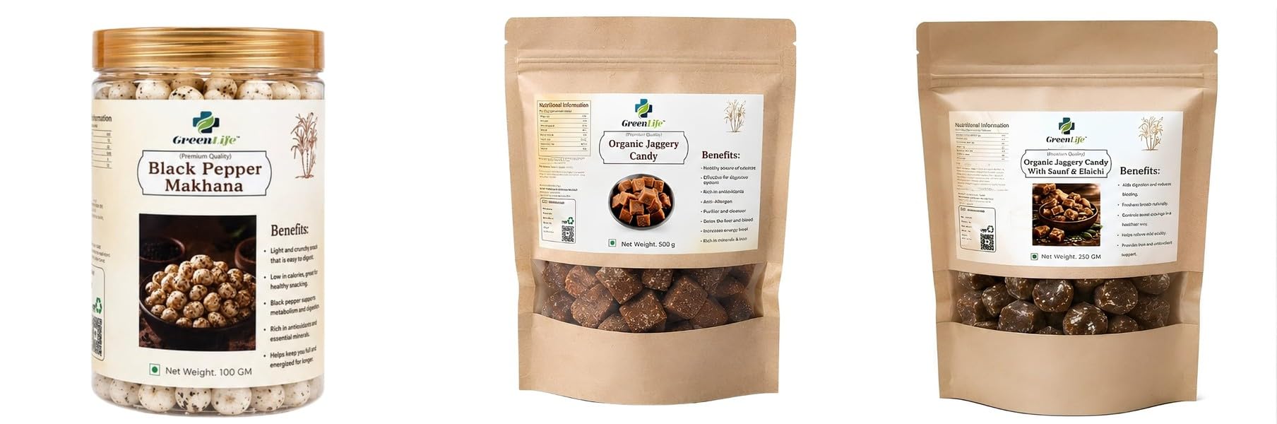 Black Pepper Makhana | Roasted Fox Nuts | 100gOrganic Plain Jaggery Candy 500g | Natural Desi Gur | Chemical Free Traditional Sweet TreatOrganic Ginger Mix 250g |-image-19