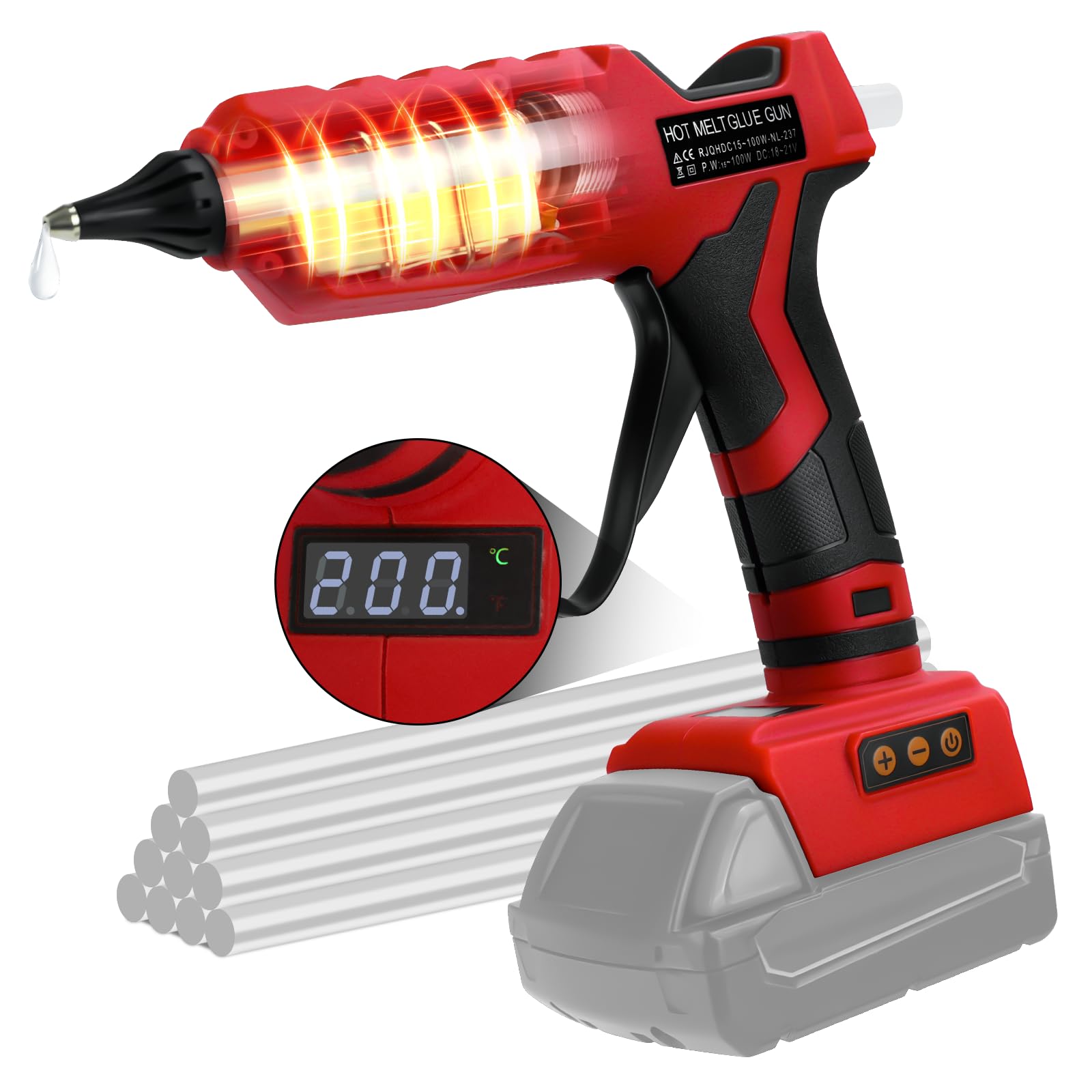 Pistola de pegamento caliente inalámbrica de 100 W para batería Milwaukee de 18 V, pistola de pegamento eléctrica de alta temperatura con 10 piezas de 11 mm para bricolaje y obras de arte