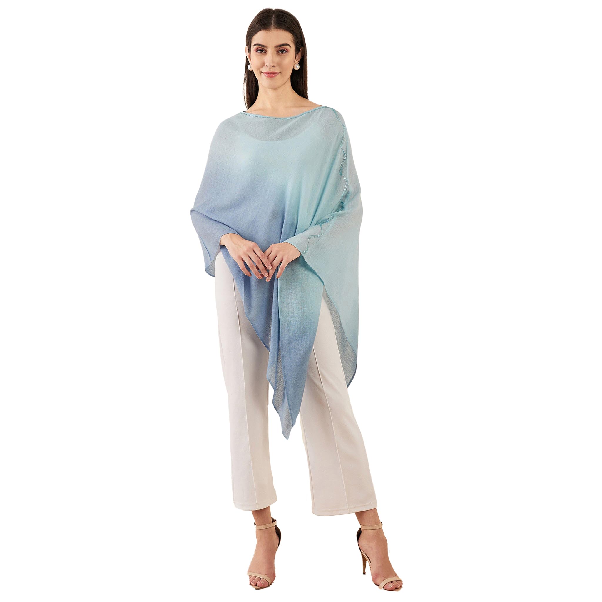 first resort Blue Ombre Asymmetrical Embellished Cashmere Poncho-picture-8