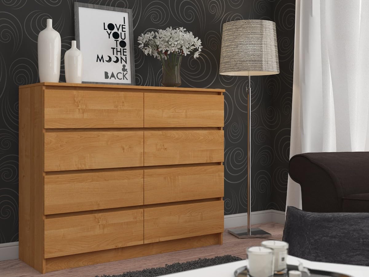 AKORD Cassettiera K 140 cm 8 (2 x 4) Cassetti | Moderna Mobiletto per Soggiorno Sala da Pranzo Camera da Letto | Armadio Cameretta | 138 x 99 x 40 cm | Peso 72kg | Ontano