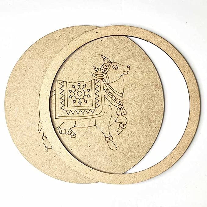 Image of Adikala MDF Pichwai Cow Left Side Face Engraved Design Wall Plate Base With Frame Cutout for DIY Craft-Set Of 2