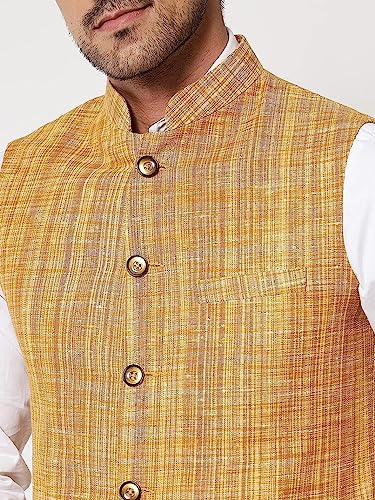 Image of Vastraa Fusion Mens Handloom Small Check Cotton Nehru Jacket - (Brown)