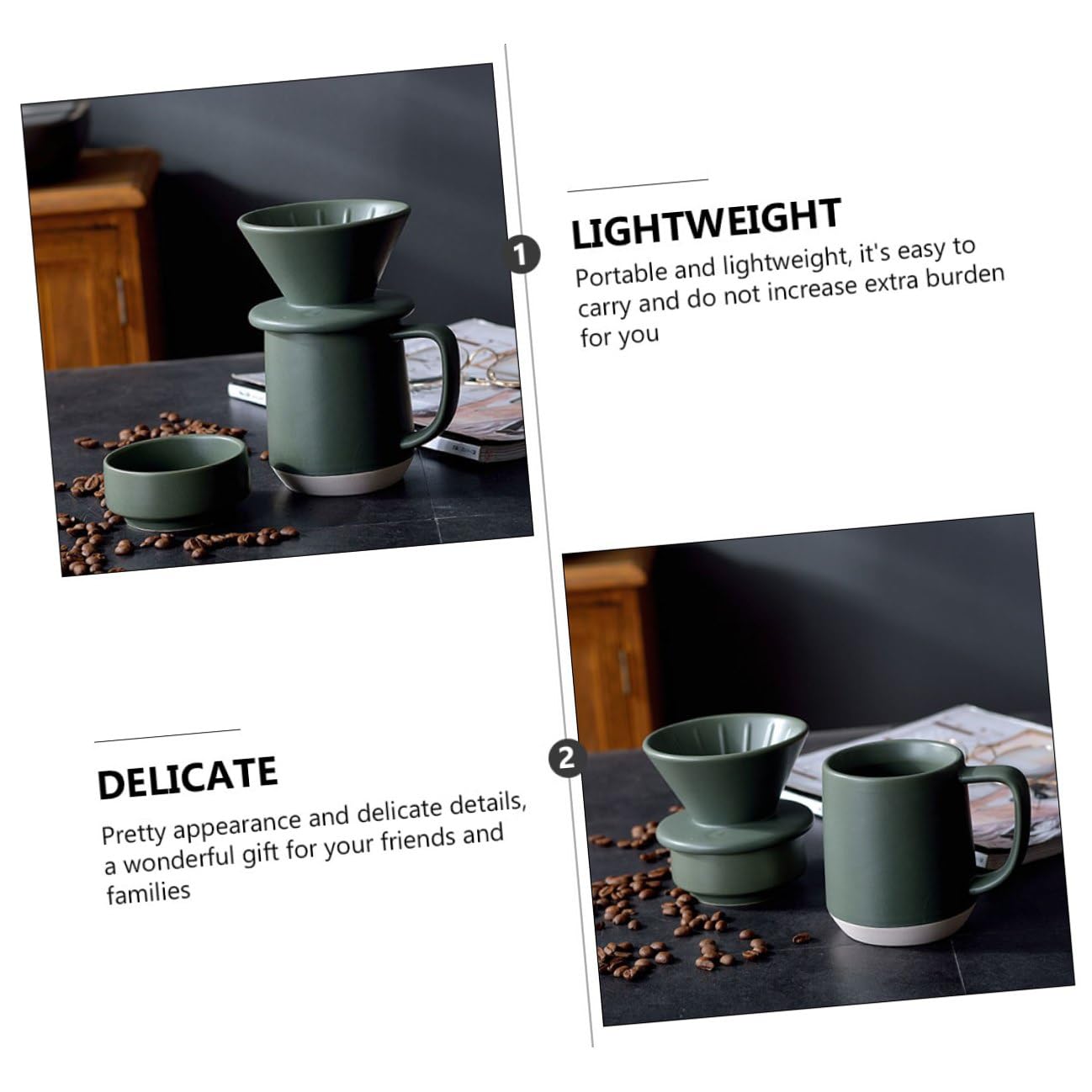 Taza de Filtro de Café de Cerámica Verde, Juego Manual | Hecha a Mano, Uso en Hogar y Oficina, Diseño Simple Detalles Delicados, Formato Portátil y Ligero