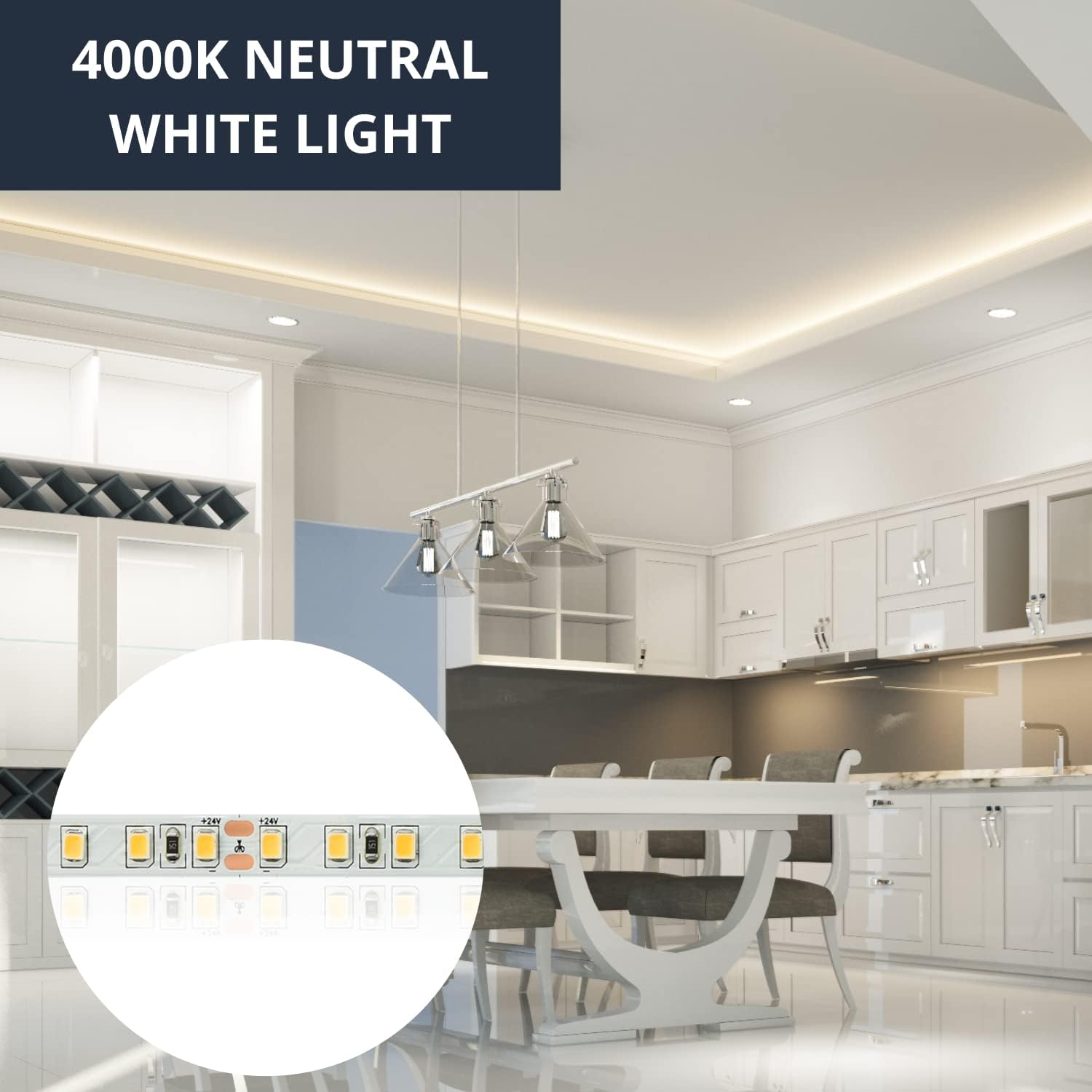 NUOVA GERMANY Professional White LED Strip Light 24V DC 16.4ft Rope Light SMD2835 Dimmable, Super Bright 18W/M, 90W, 6300lm IP20 Tape Light, 16ft 4000K Neutral White (Power Supply not Included)